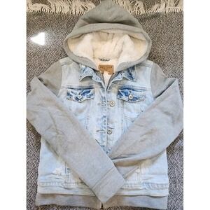 Hollister Hooded Jean Jacket Denim‎ Coat w/ Knit Sleeves Fleece Women's Sz Small